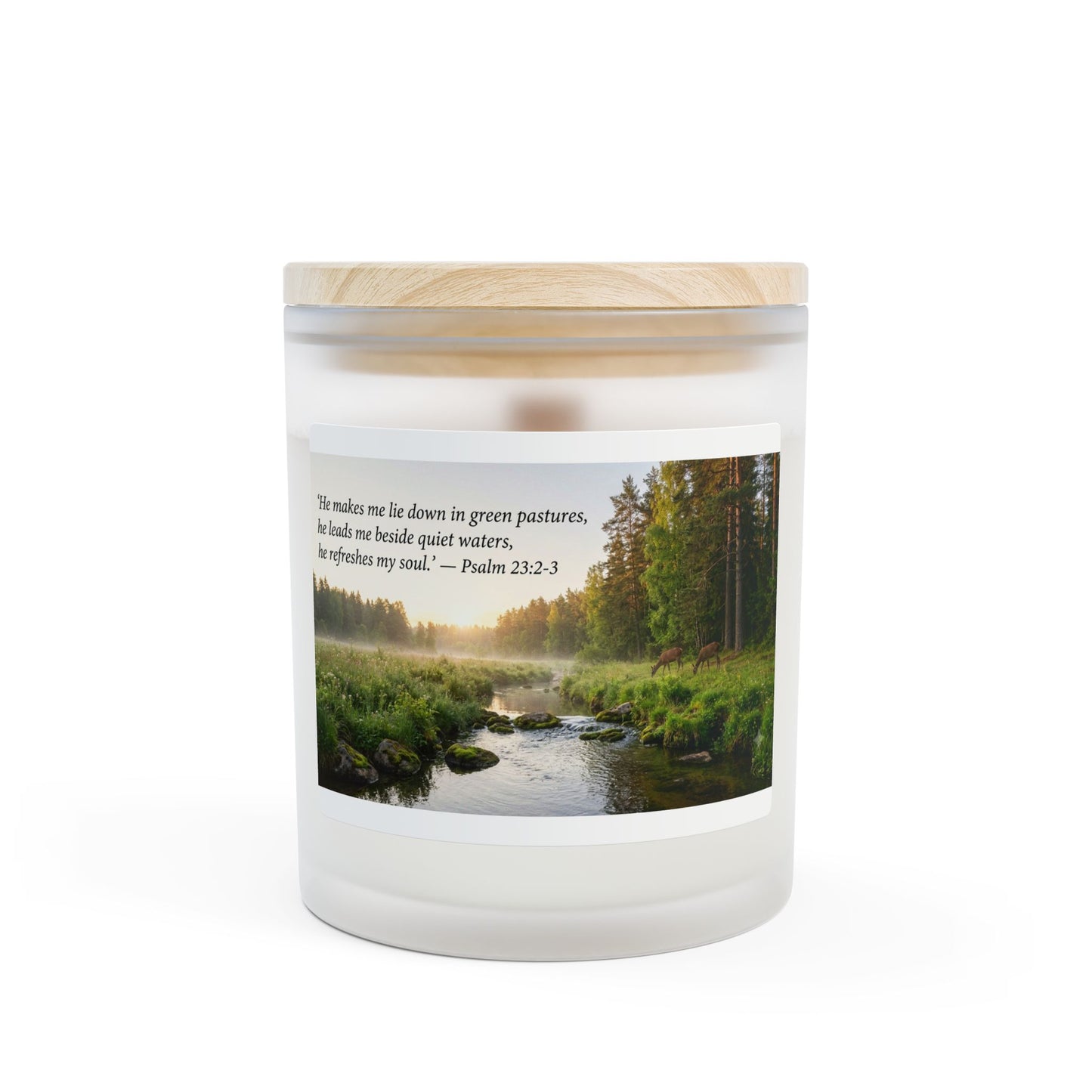 Frosted Glass Candle — Psalm 23:2-3 River Scene Scented Candle