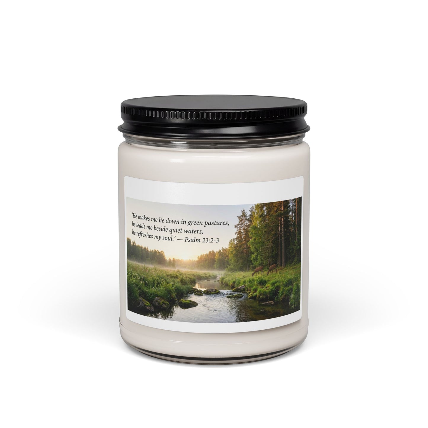 Inspirational Psalm 23 Soy Candle — 9oz Scented Jar (Green Pastures)