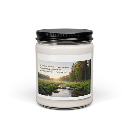 Inspirational Psalm 23 Soy Candle — 9oz Scented Jar (Green Pastures)