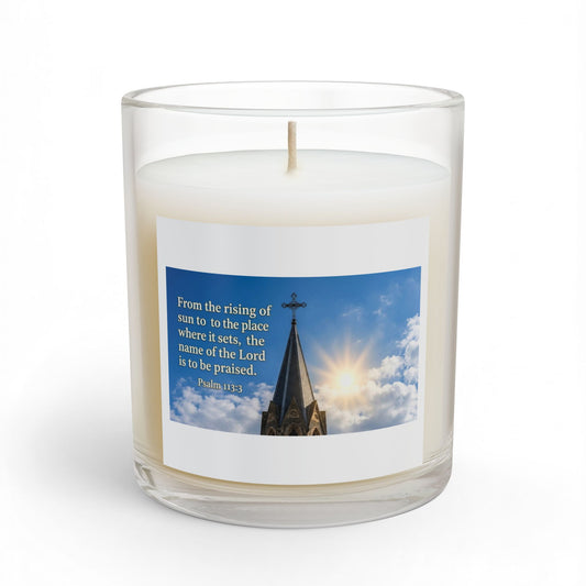Inspirational Psalm Candle — 11oz Glass Candle with Church Steeple & Psalm 113:3 Label