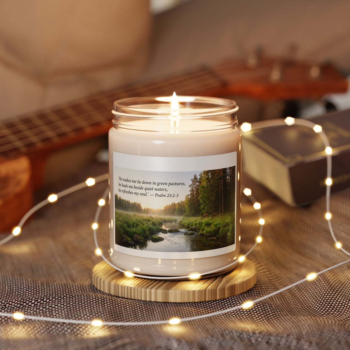 Inspirational Psalm 23 Soy Candle — 9oz Scented Jar (Green Pastures)