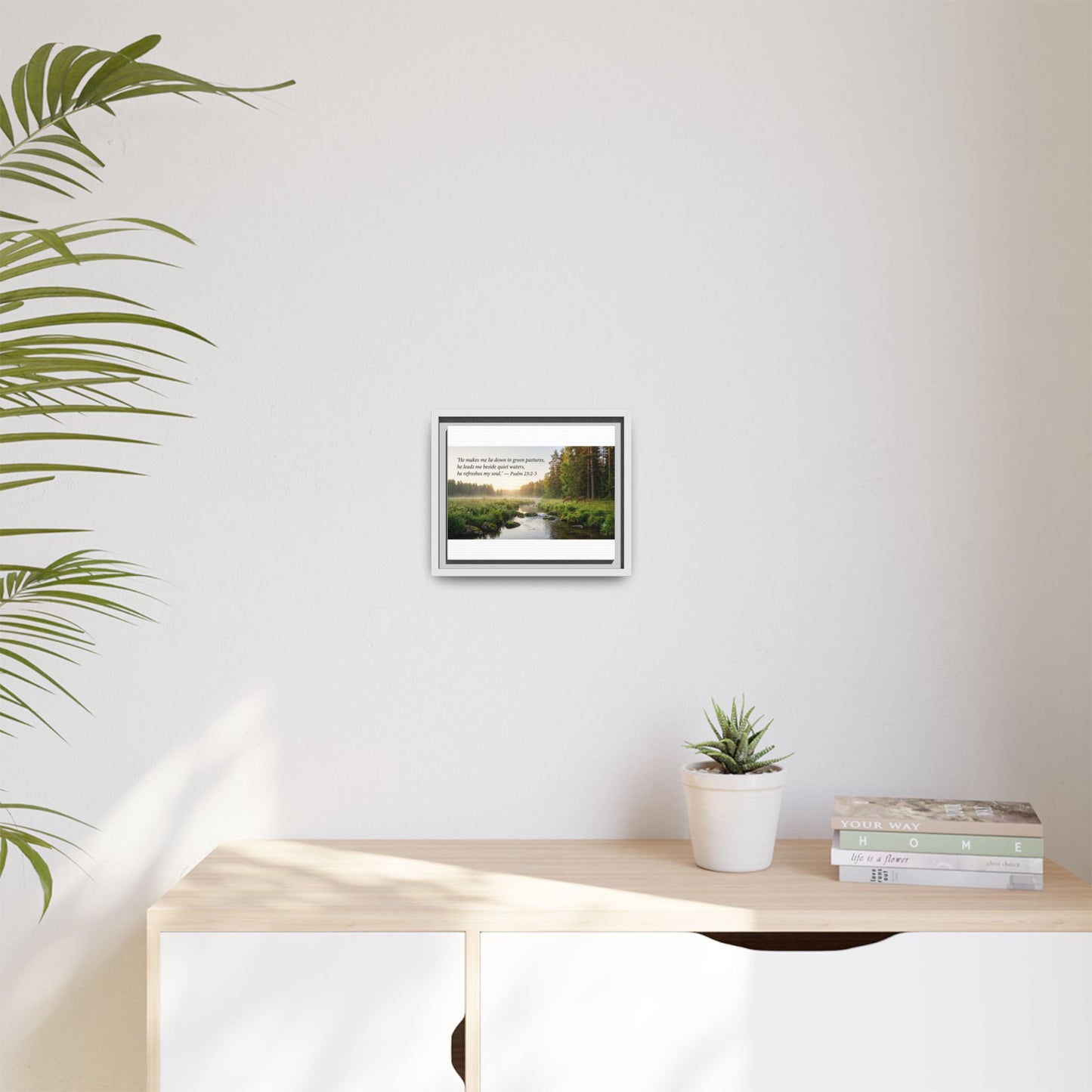 Framed Matte Canvas - Psalm 23:2-3 Landscape Wall Art