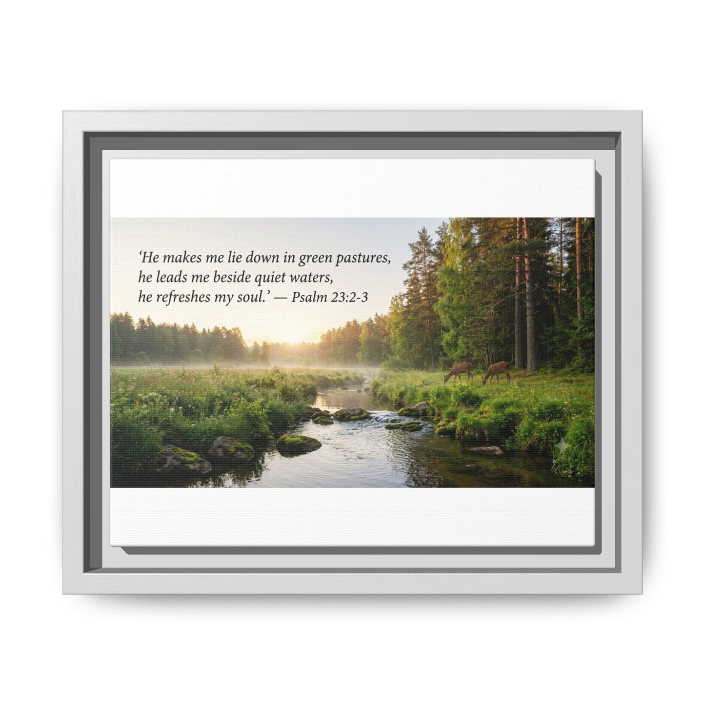 Framed Matte Canvas - Psalm 23:2-3 Landscape Wall Art