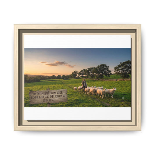 Framed Matte Canvas Wall Art — Pastoral Sheep Scene with Inspirational Quote