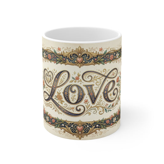 Love Floral Vintage Mug — Romantic 11oz Coffee Cup (Victorian Script & Ornate Frame)
