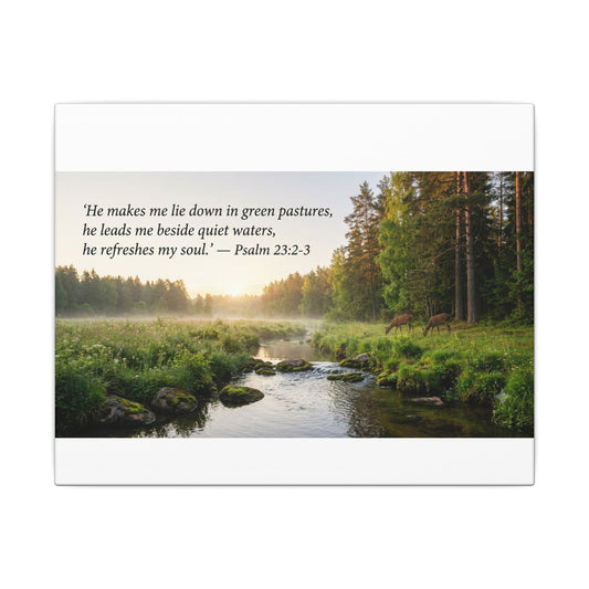 Psalm 23 River Scene Matte Canvas Wall Art — 'He Makes Me Lie Down in Green Pastures'