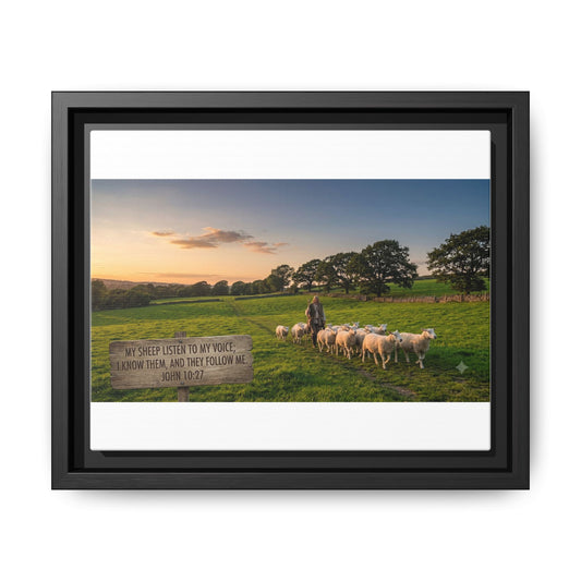 Framed Matte Canvas Wall Art — Pastoral Sheep Scene with Inspirational Quote