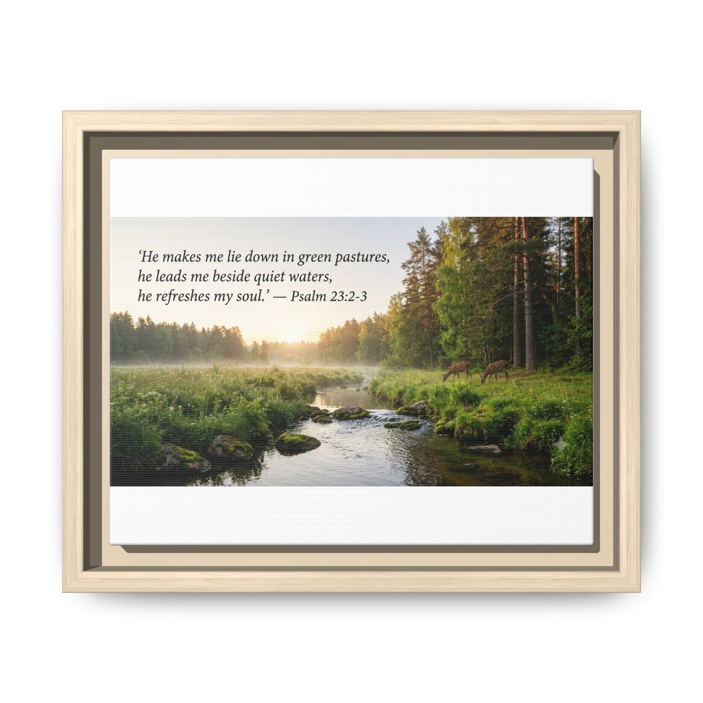 Framed Matte Canvas - Psalm 23:2-3 Landscape Wall Art
